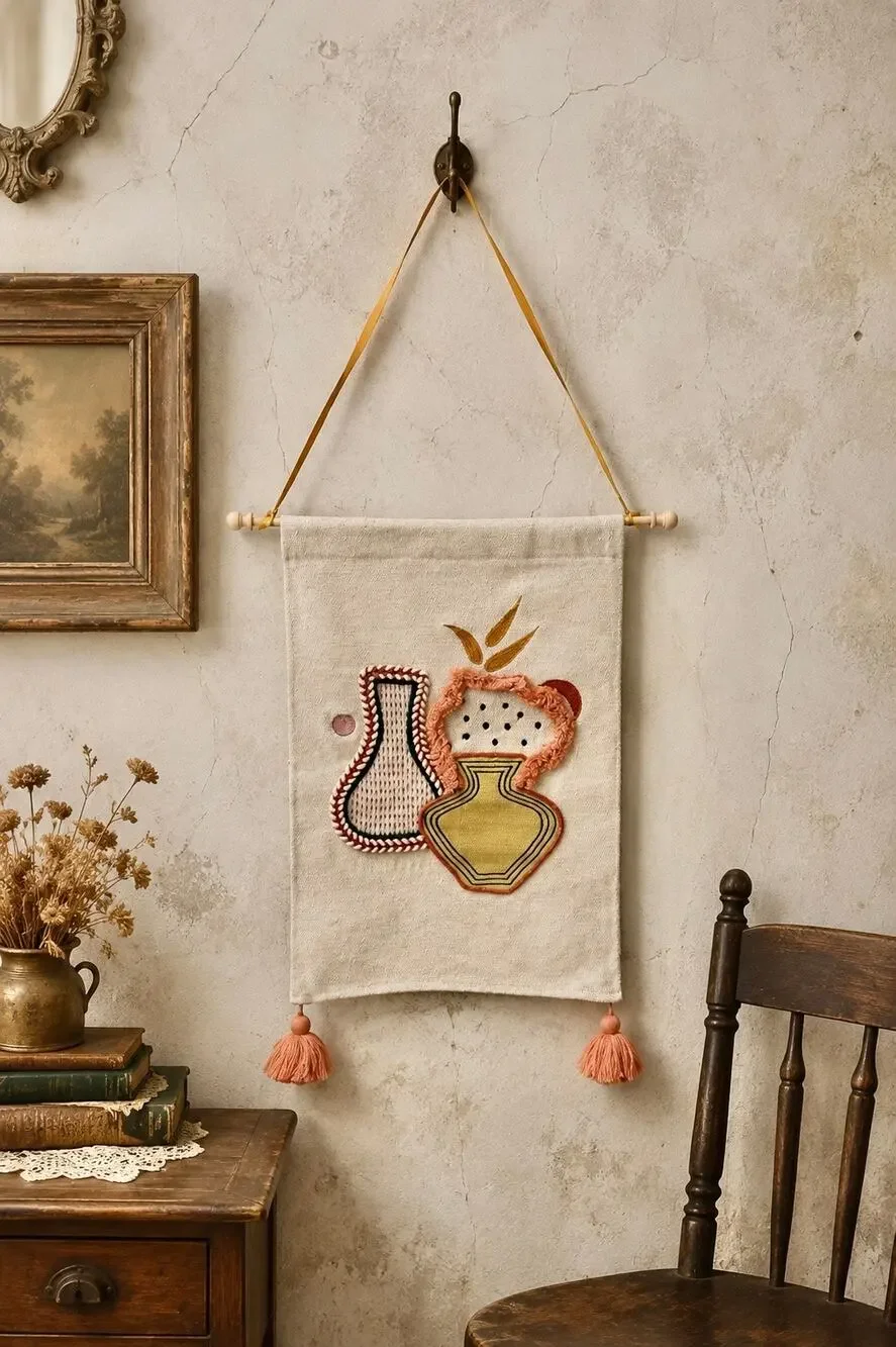 Vintage Handmade Textile Wall Hanging | Boho Fiber Art Tapestry with Tassels